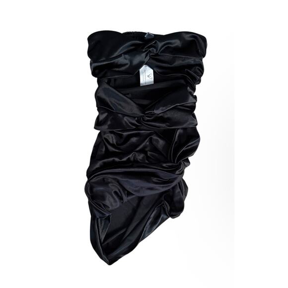 WINDSOR Black Satin Finish Strapless Ruched Mini Dress Size M - Picture 1 of 5